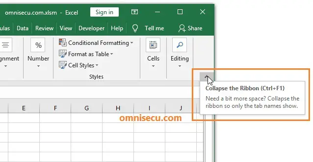 Collapse the Ribbon button