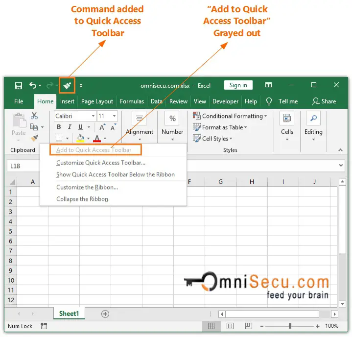 Command added quickly to Excel Quick Access Toolbar - QAT
