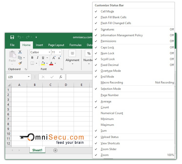 Customize Excel status bar