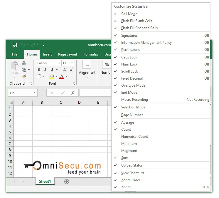 Customize Excel status bar