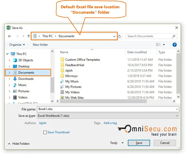 Default Excel file save location