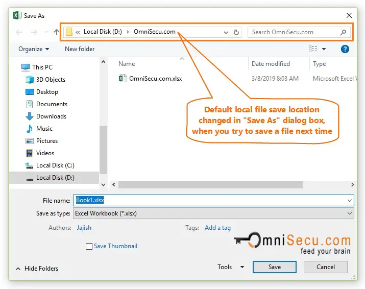 Excel Options changed Excel file save location