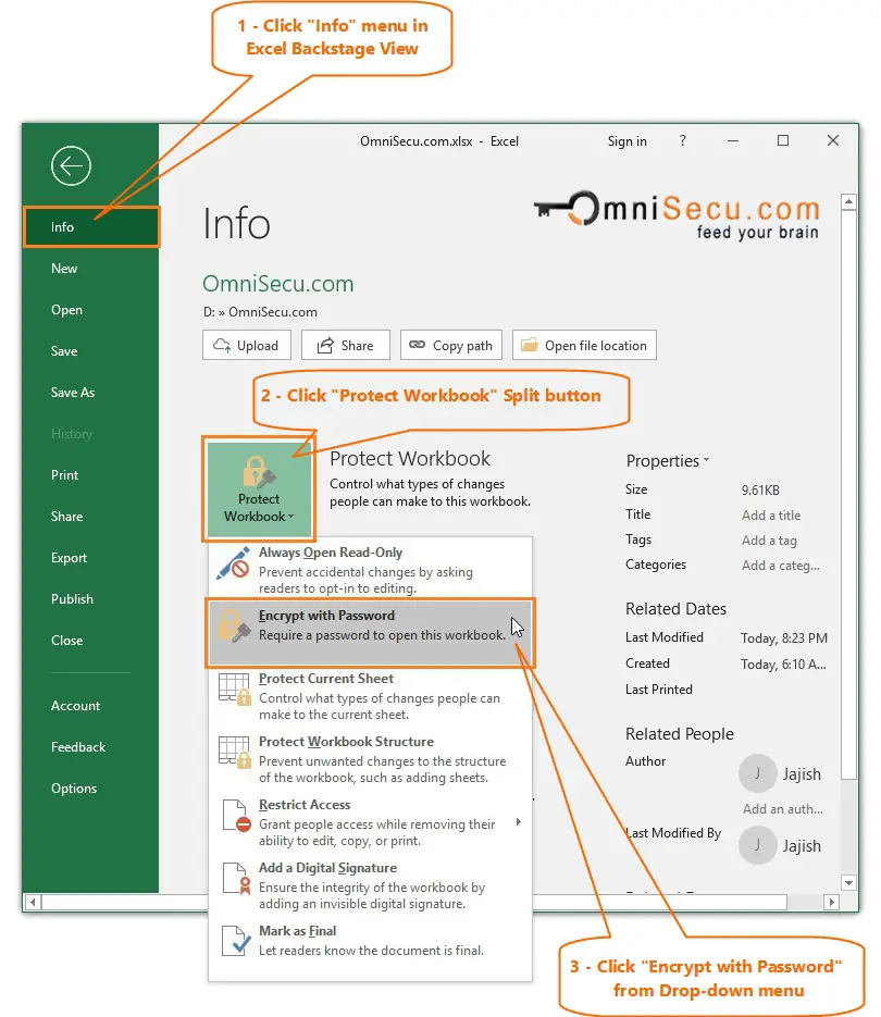 Excel backstage > protect-workbook > encrypt with password