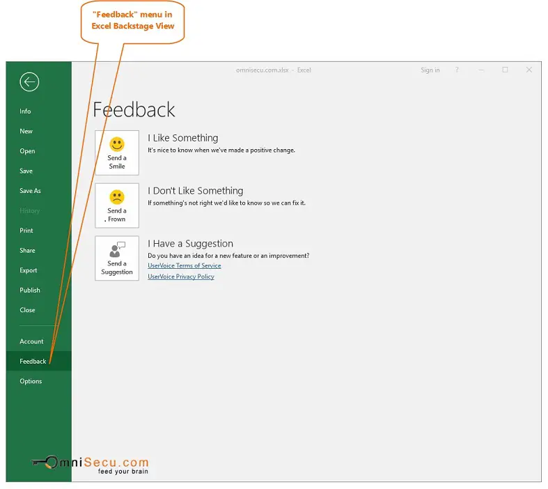 Excel Ribbon Backstage View Feedback Menu