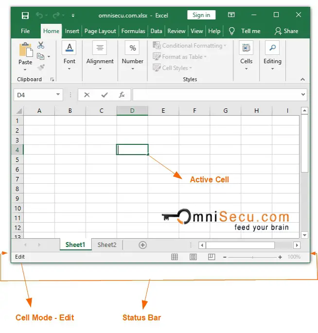 Excel cell mode options edit status