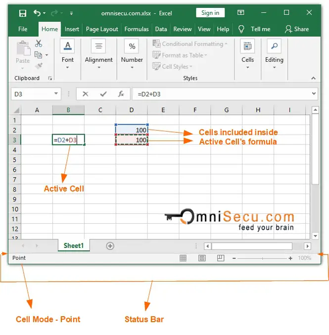 Excel cell mode options point status