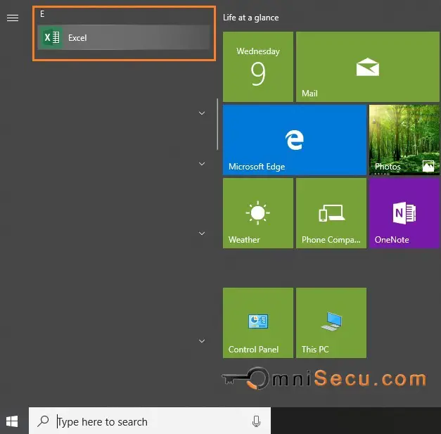 Excel open from windows start menu