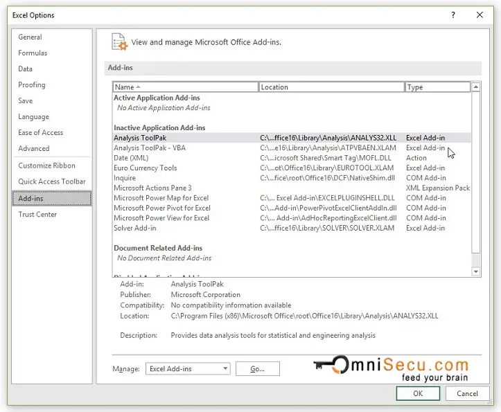 Excel Options Dialog Box Window - Add-ins