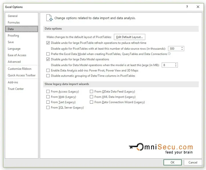 Excel Options Dialog Box Window - Data