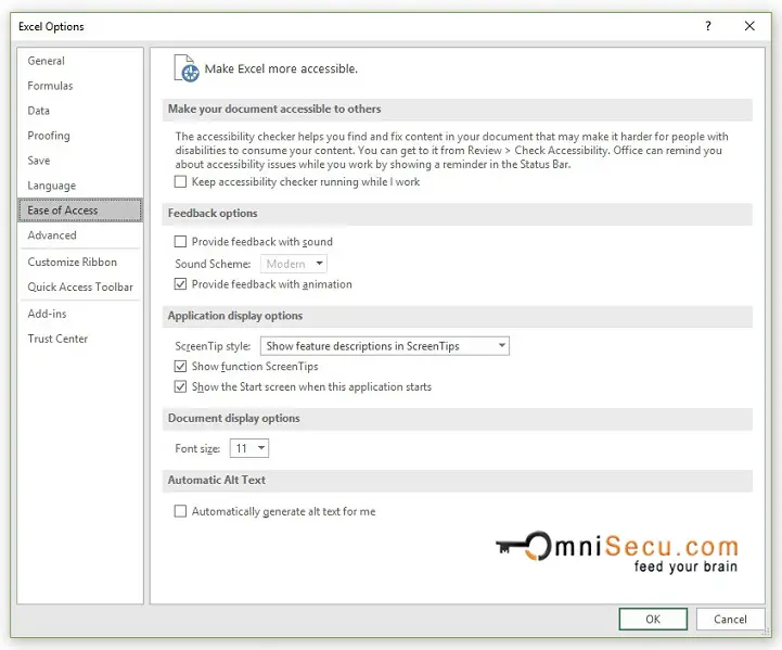 Excel Options Dialog Box Window - Ease of Access