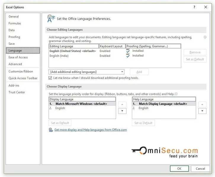 Excel Options Dialog Box Window - Language