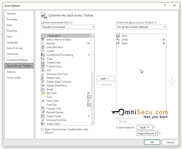 Excel Options Dialog Box Window - Quick Access Toolbar