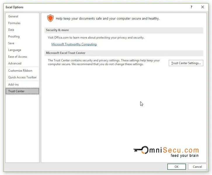 Excel Options Dialog Box Window - Trust Center
