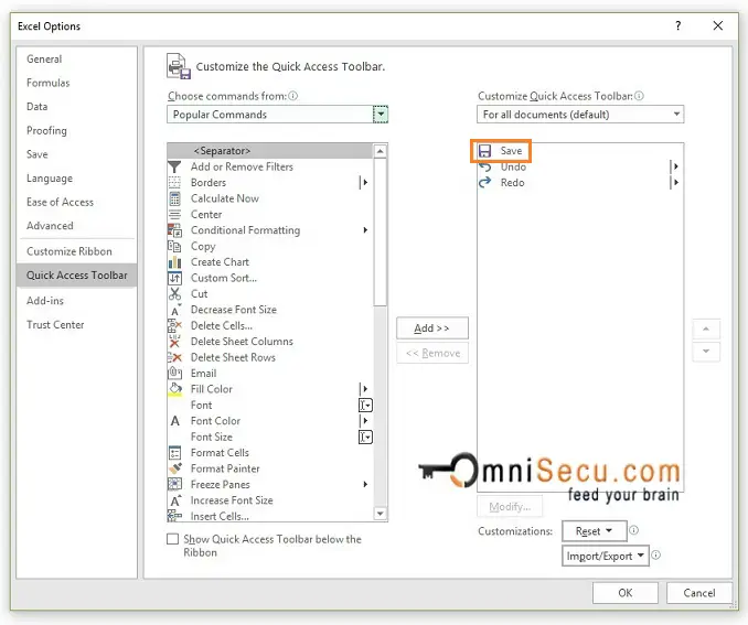 Excel options - Quick Access Toolbar Panel