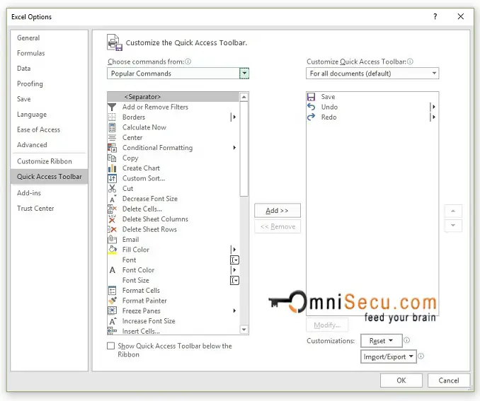 Excel options - Quick Access Toolbar Panel