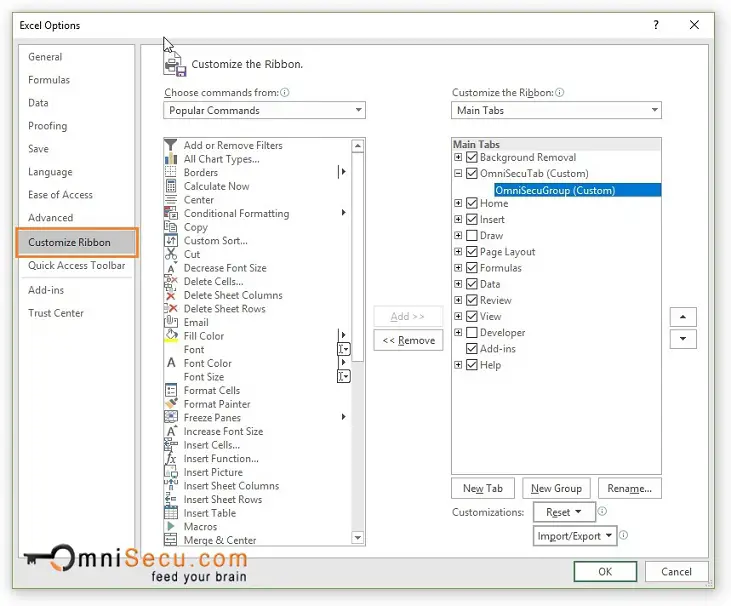 Excel Options Window