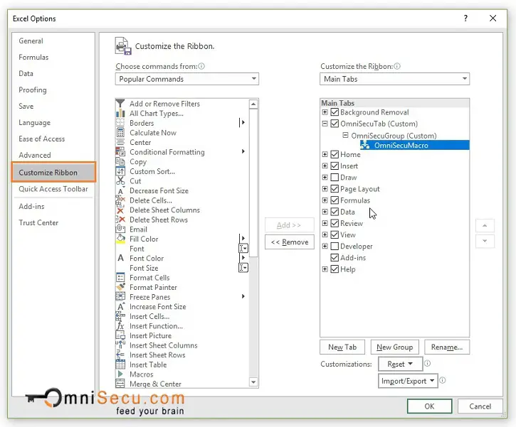 Excel Options Window Customize Ribbon Panel