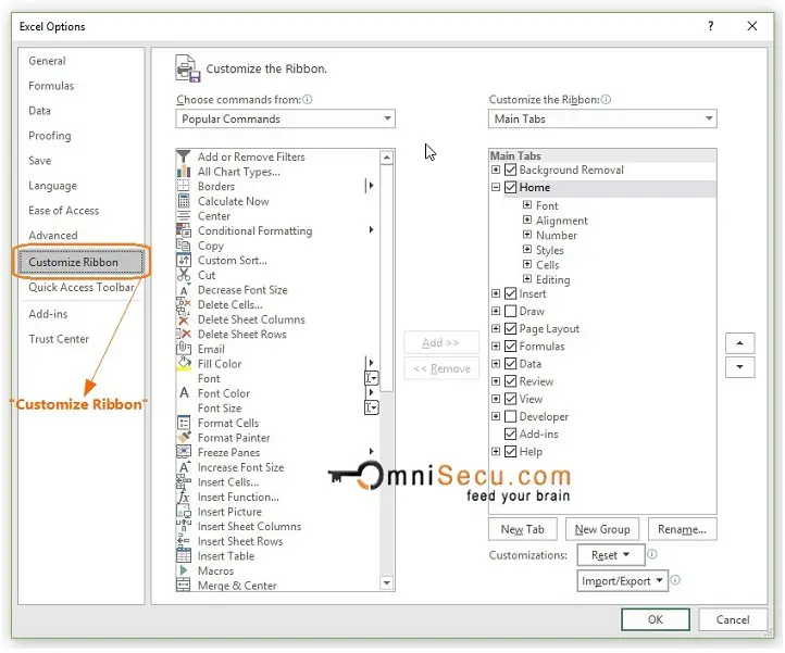 Excel Options Window Customize Ribbon Panel