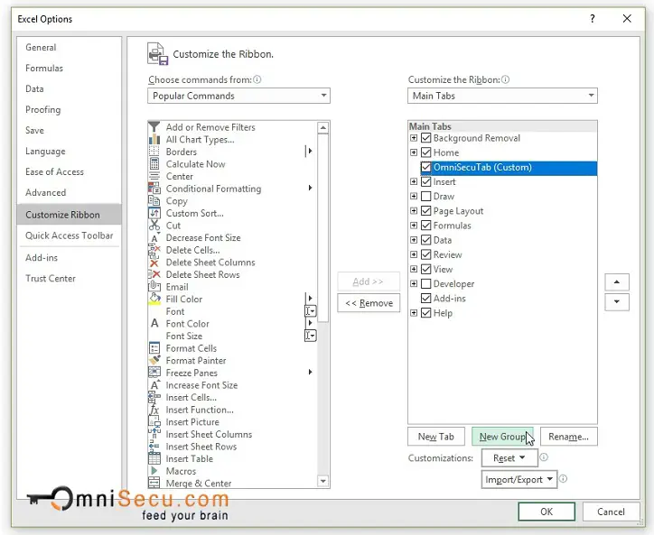 Excel Options Window Customize Ribbon Panel