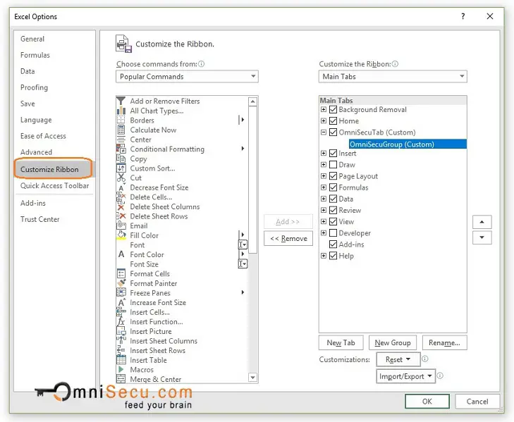 Excel Options Window Customize Ribbon Panel