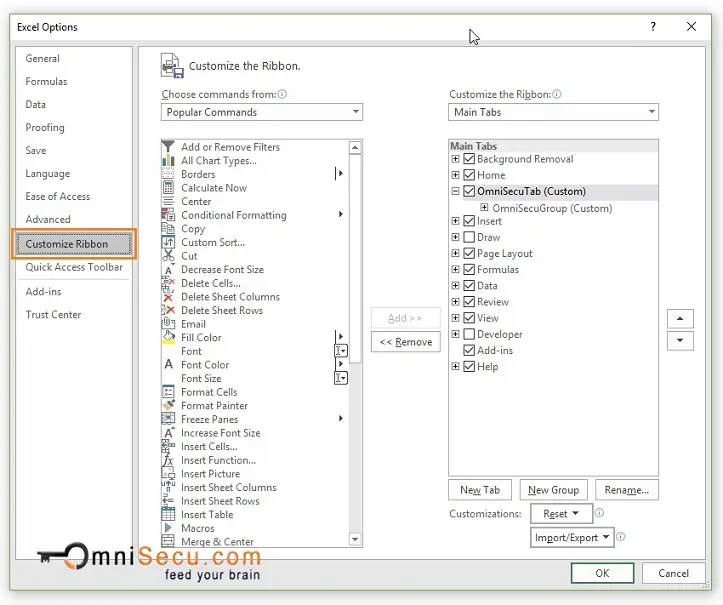 Excel Options Window Customize Ribbon Panel