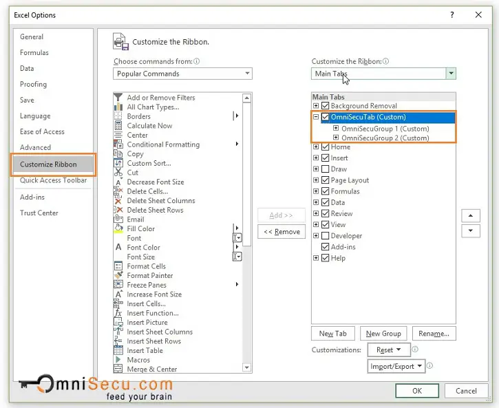 Excel Options Window Customize Ribbon Panel