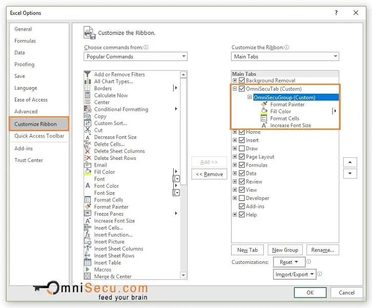 Excel Options Window Customize Ribbon Panel