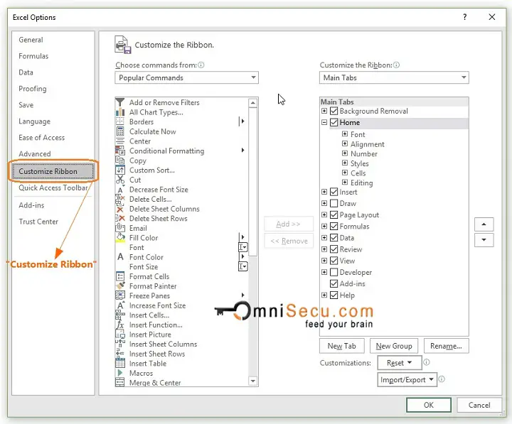 Excel Options Window Customize Ribbon Panel