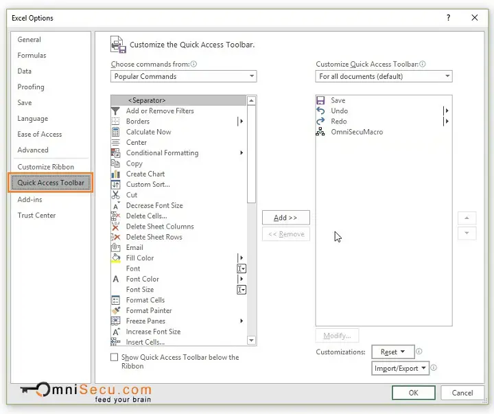 Excel Options Window Quick Acees Toolbar Panel