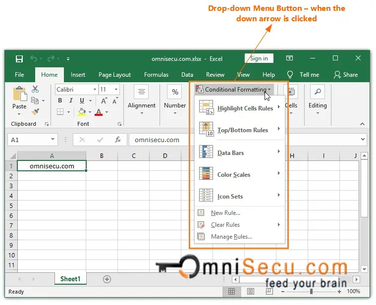 Excel ribbon drop-down menu button not clicked