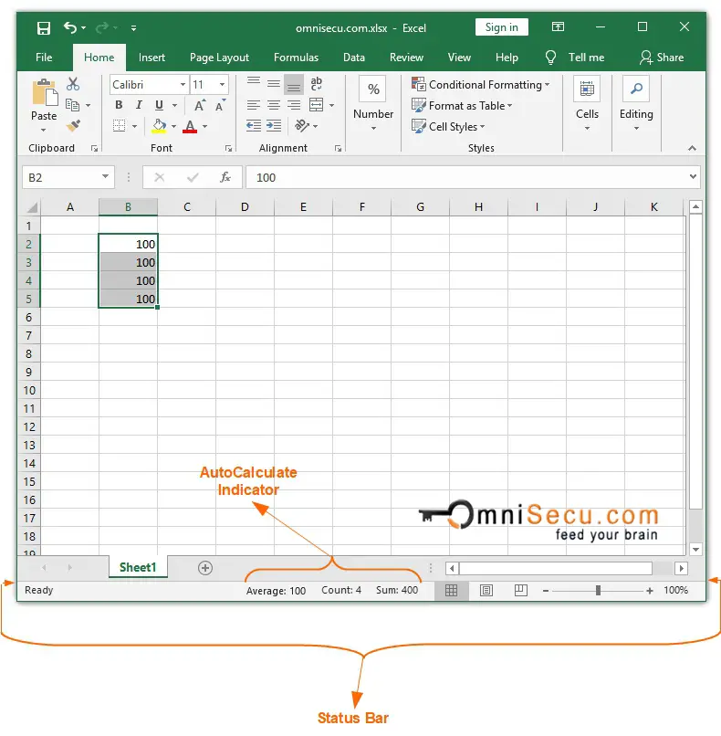 Excel status bar calculation options