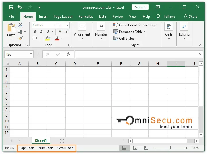 Excel Status bar Caps lock Num lock and Scroll-lock