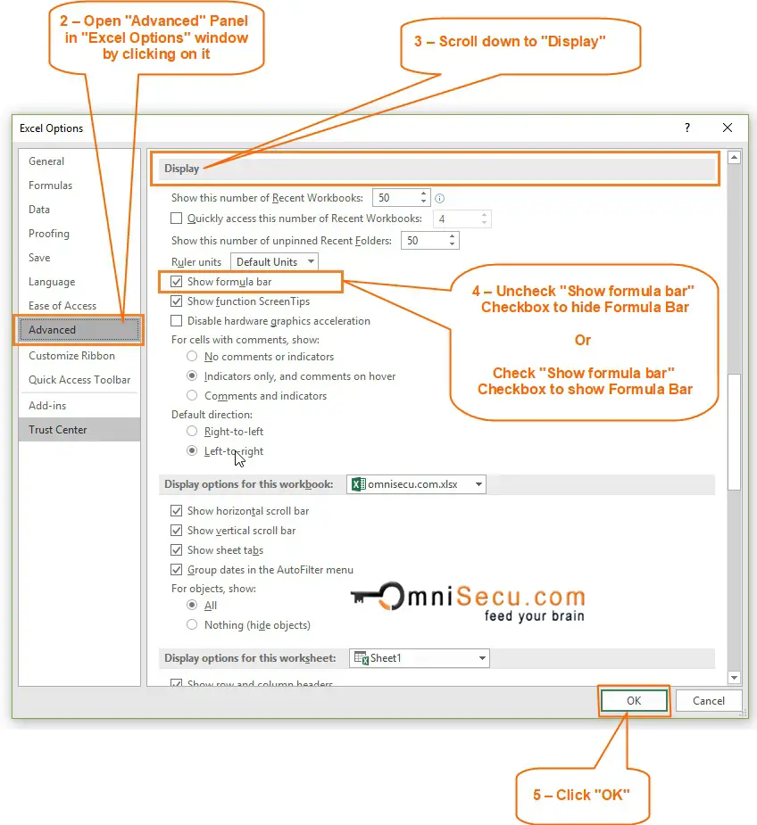 Hide Show Excel Formula bar from Excel Options