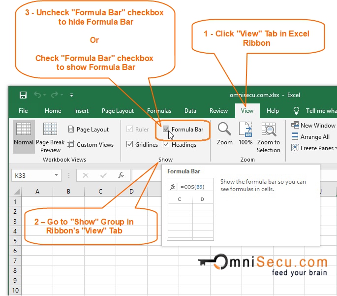 Hide Show Excel Formula bar from Excel Ribbon