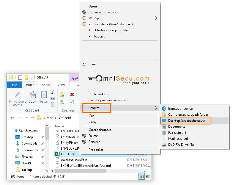 How to create excel desktop shortcut