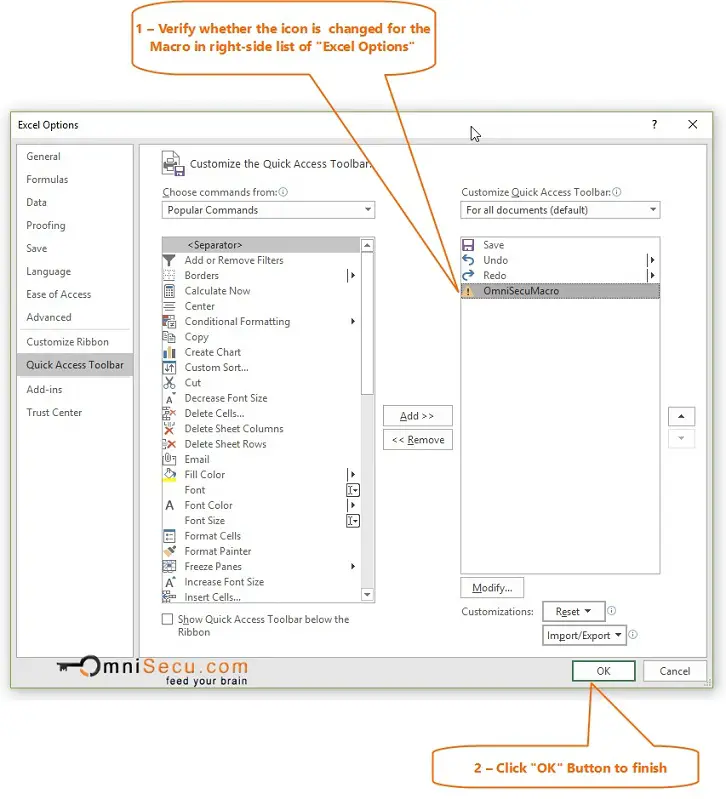 Icon changed in Excel options Quick Access Toolbar