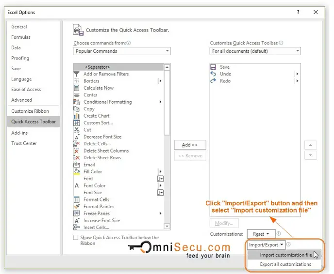 Import Excel Quick Access Toolbar Customization file