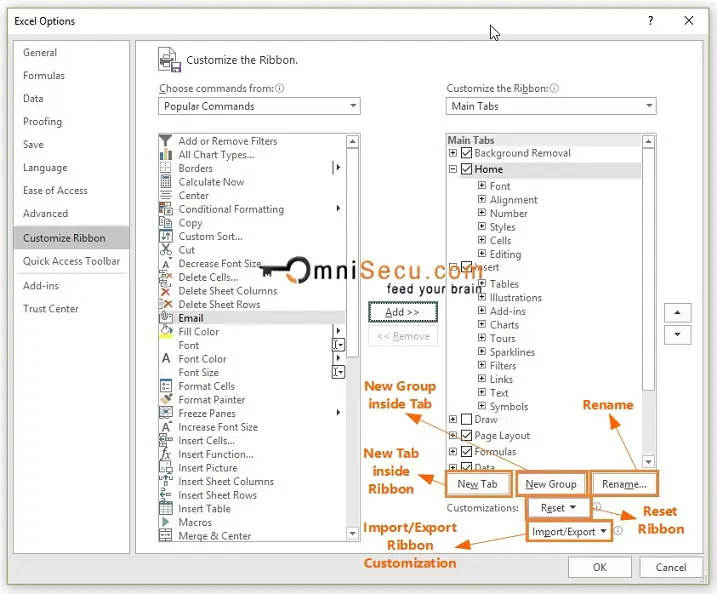 New Tab, New Group, Rename, Reset and Import/Export Ribbon Customization 