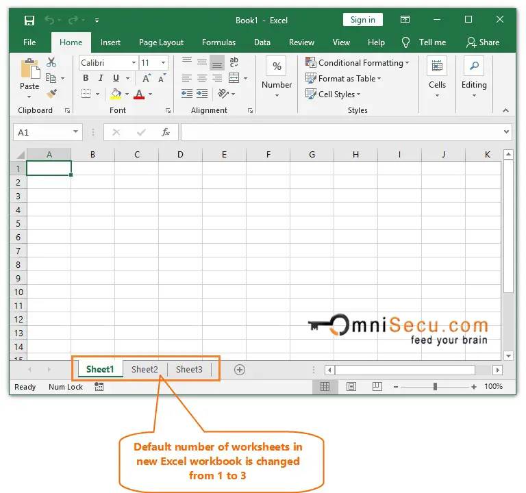 Number of worksheets included in a new excel workbook is changed from 1 to 3