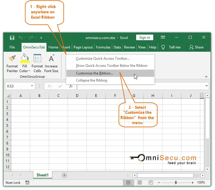 Open Excel Options Change Ribbon Command position