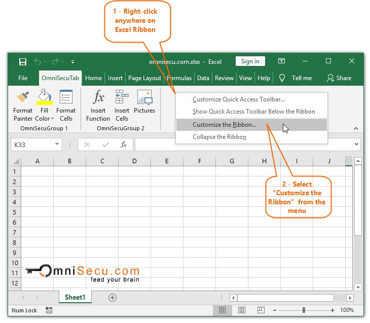 Open Excel Options Change Ribbon Group position