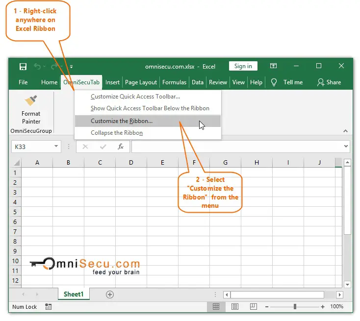 Open Excel Options Change Ribbon Tab position