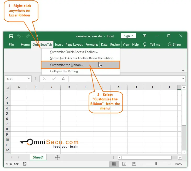 Open Excel Options Customize Ribbon Add Command