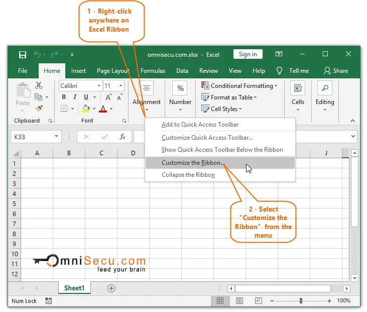 Open Excel Options Customize Ribbon