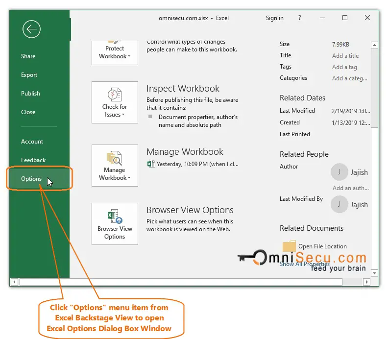 Open Excel Options Dialog Box Window