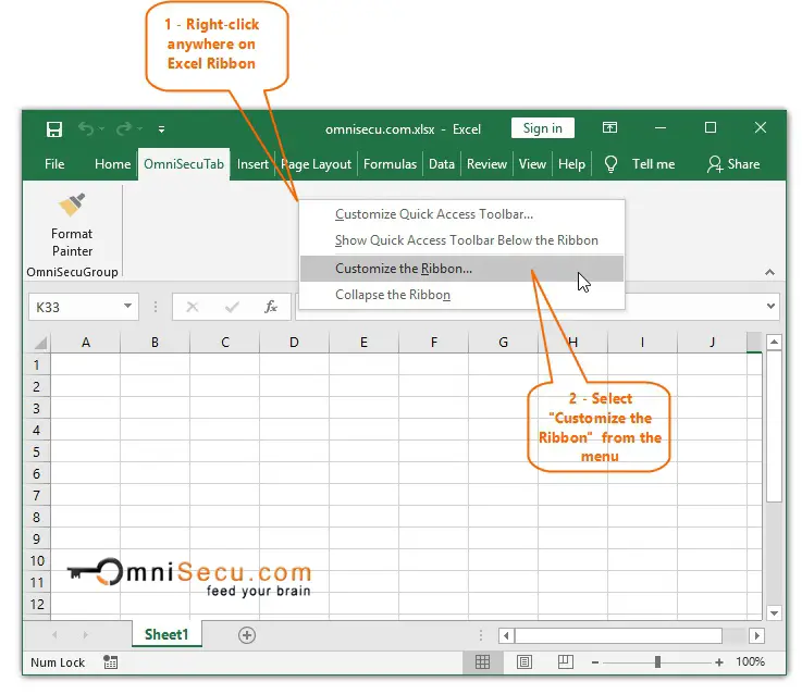 Open Excel Options Reset Ribbon