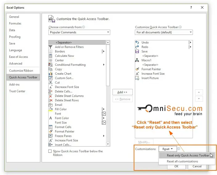 Reset Quick Access Toolbar Customization