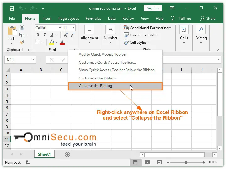 Rightclick Excel Ribbon to hide Ribbon