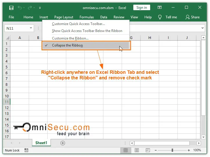 Rightclick Excel Ribbon to show Ribbon