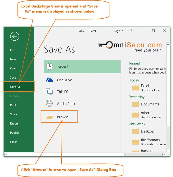 Save As Menu in Excel Backstage View